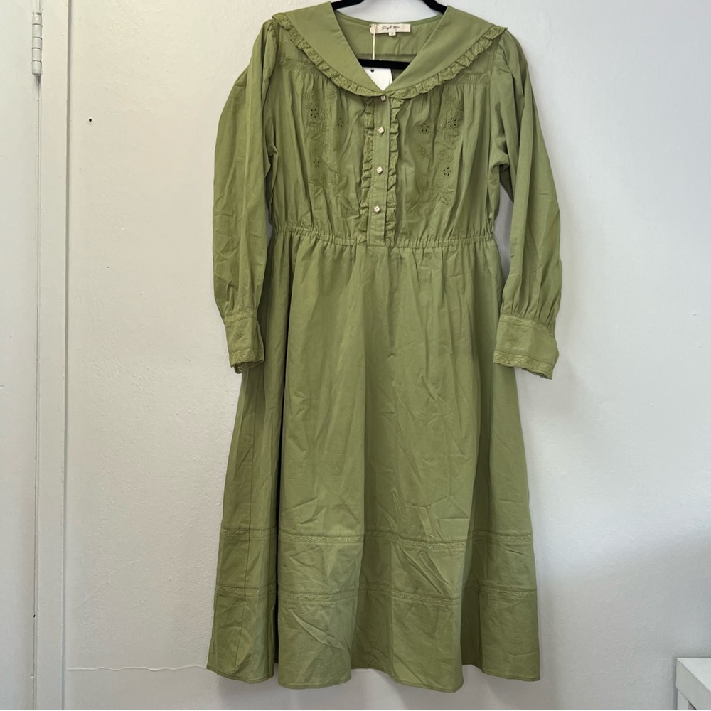 Simple Retro Sailor Collar Button Front Dress Long Sleeves Cottagecore Peasant M